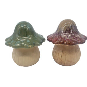 Lot of 2 Mushrooms Ceramic Art Fairy Garden, Yard Art, Shelf Sitters Red & Green